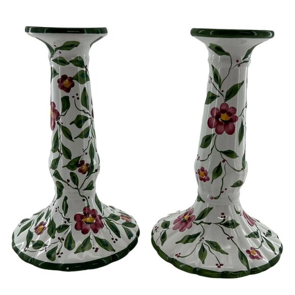 VTG RC & CLPorcelain Candlesticks Portugal Handpainted Flowers Vines - Picture 9 of 10